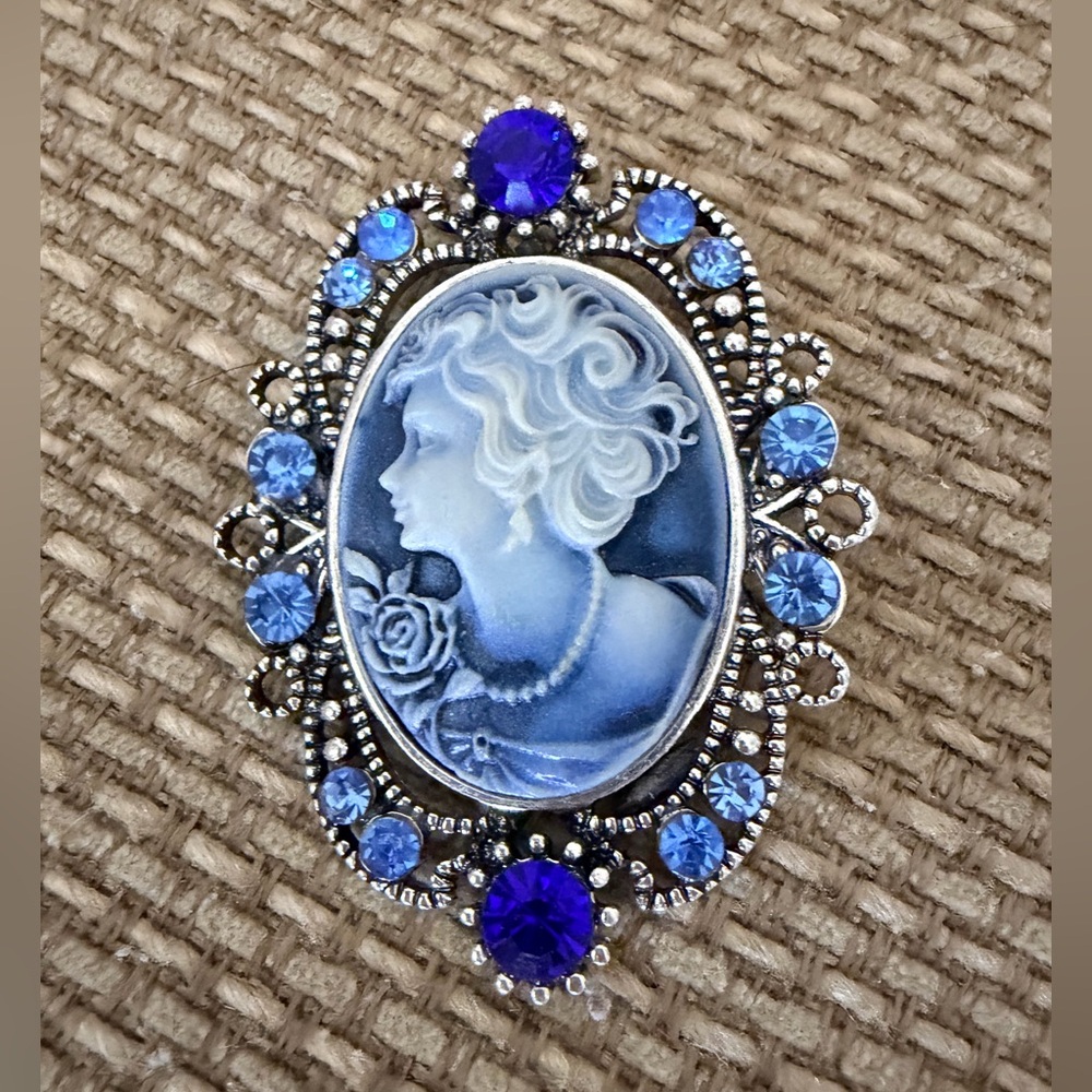 Blue Rhinestone Cameo Brooch